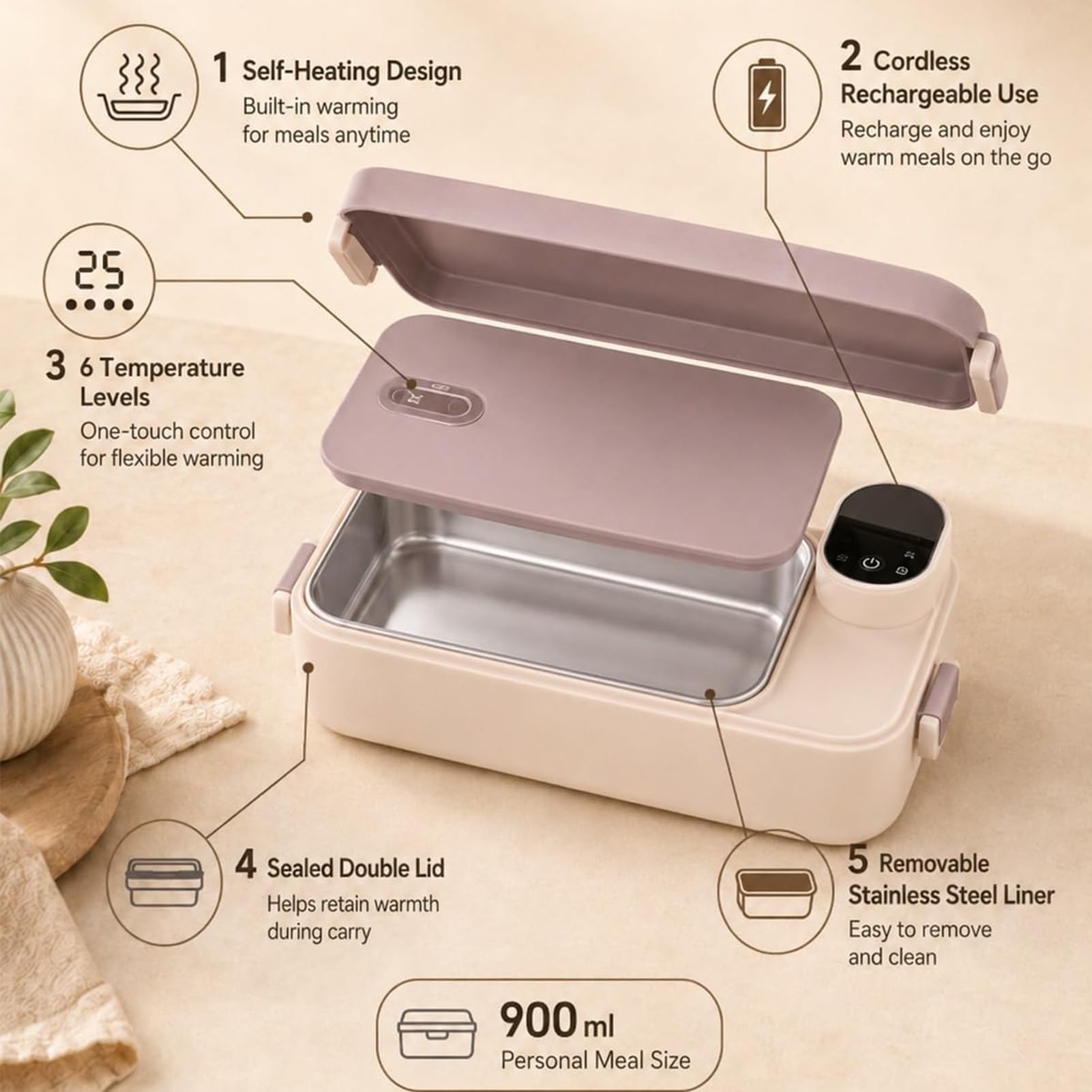 Adius Boîte à Lunch Électrique Portable avec Fonction D'auto-Chauffage, 6 Réglages de Température, Inoxydable 304, pour le Bureau, la Voiture et la Cuisine (Rose)