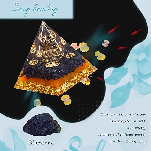 Miniatura 6 de FENGSHUI-CAISHEN Estatua de Little Buddha en pirámide de organita de cristal curativo, piedra arenisca azul con figura de Buda bebé, decoración de