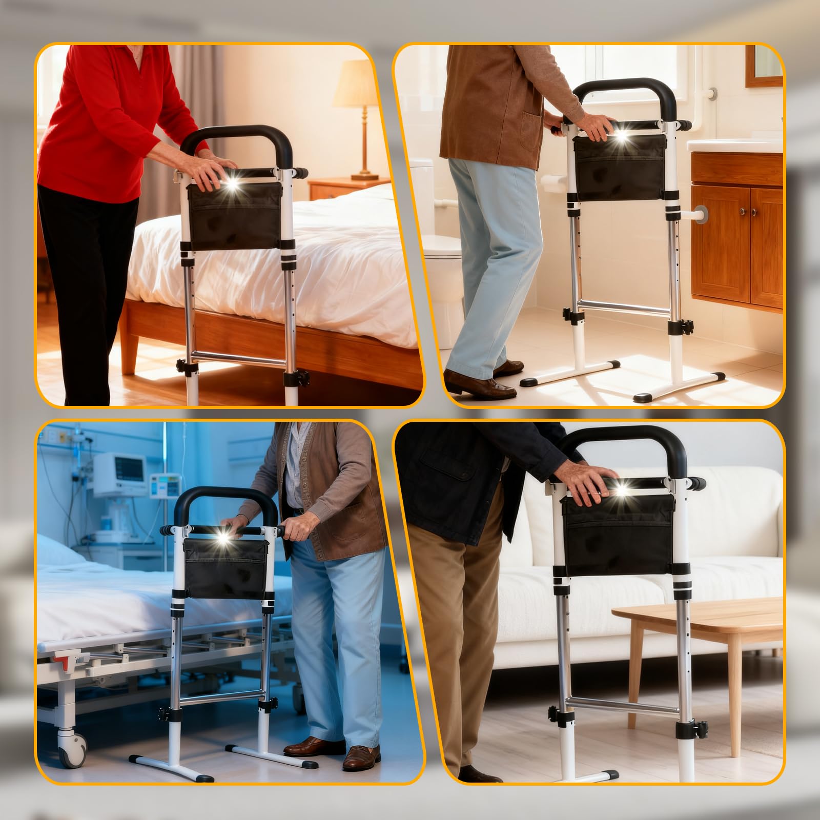 Ayuda para Levantarse y Sentarse, Soporte de Ayuda para Levantarse para Personas Mayores con Luz con Sensor y Bolsa, 5 Niveles Ajustable 75–91cm, Soporta 136 kg, para Inodoro, Sofá, Escaleras