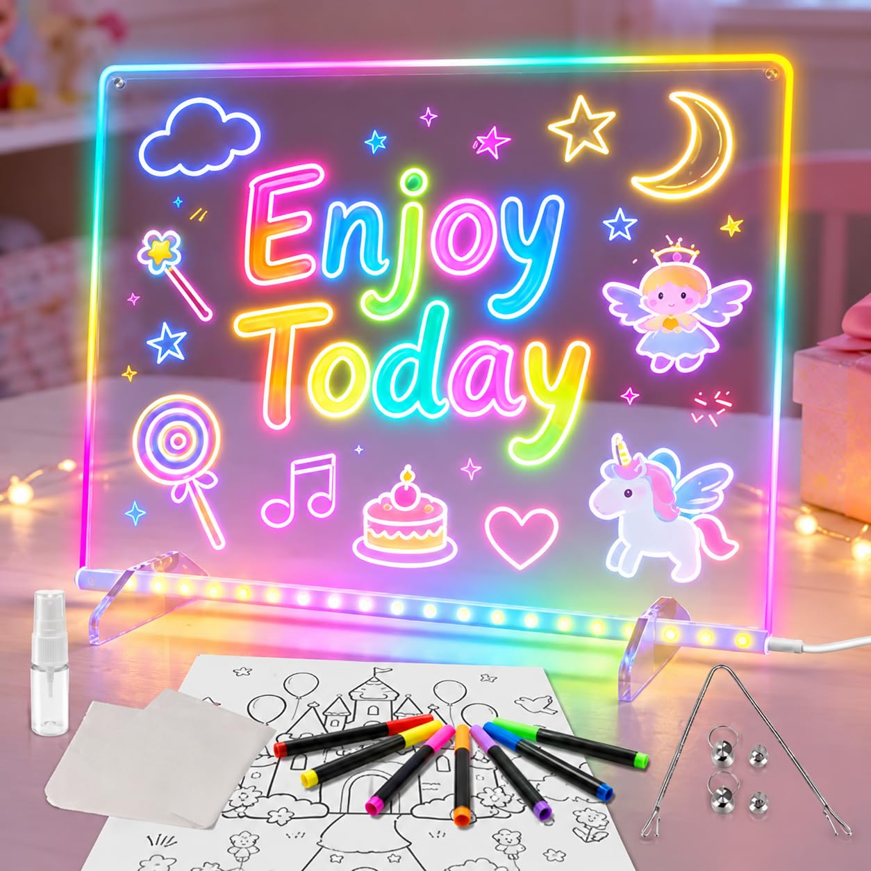 LED Note Board with Colors, 13.7"X10" 6 Modes &amp; 8 Colors Acrylic Dry Erase Boards with Light, Led Drawing Board for Kids with Stand,Birthday Holiday Day Gifts for Girls &amp; Boys Age 3+