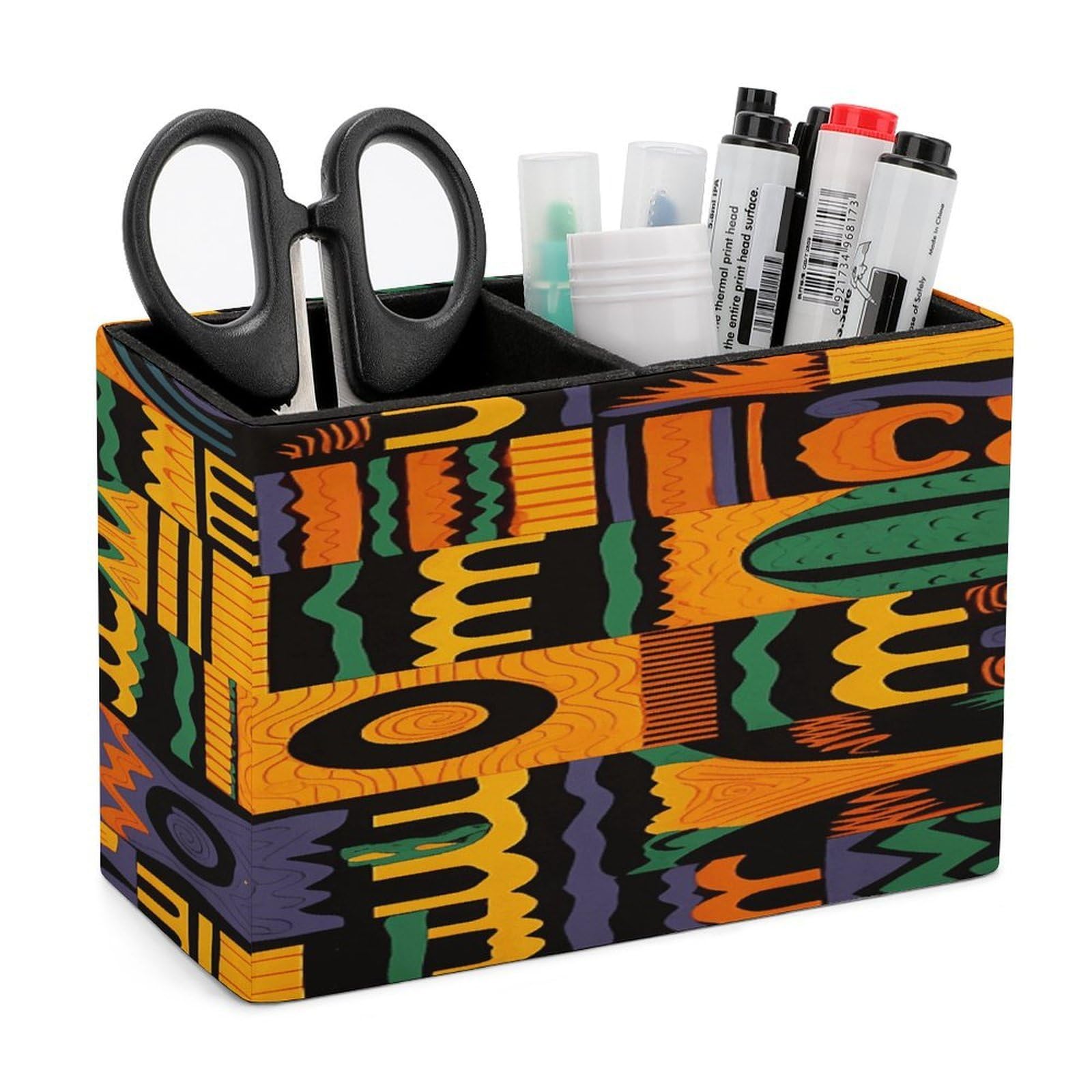 VstaDank African Ethnic Pattern Pen Holder Double Compartments Pen Cup Fashion Makeup Brush Holders Leather Pencil Holder for Work Locker Accessories Modern Pencil Cup for Desk Organizer