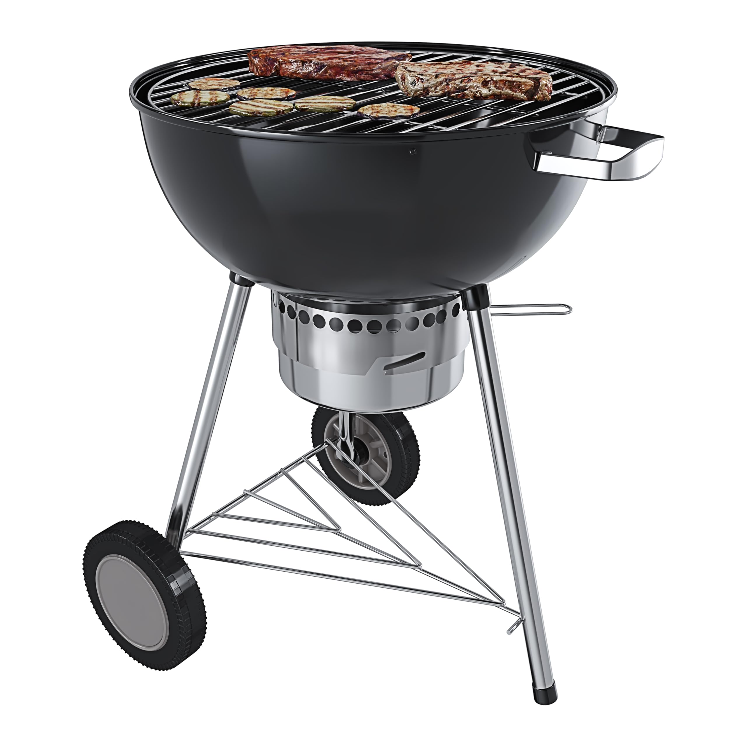 BRICOZONE Barbecue a Carbonella Rotondo 57 cm con Coperchio Termometro e Ruote BBQ Compatto Portatile Grill Griglia da Giardino Picnic Balcone Terrazzo Colore Nero