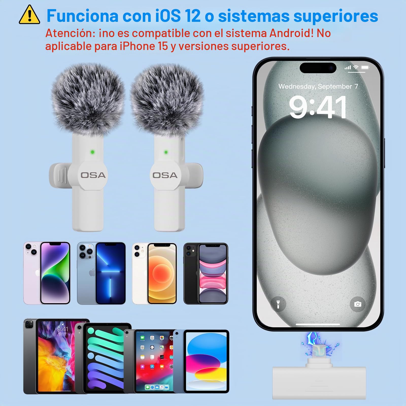 OSA Lavalier Micrófono móvil inalámbrico para grabación de Video de iPhone, micrófono inalámbrico para Youtube/entrevista/Vlog, para iPhone de grabación inalámbrica, Paquete de 2