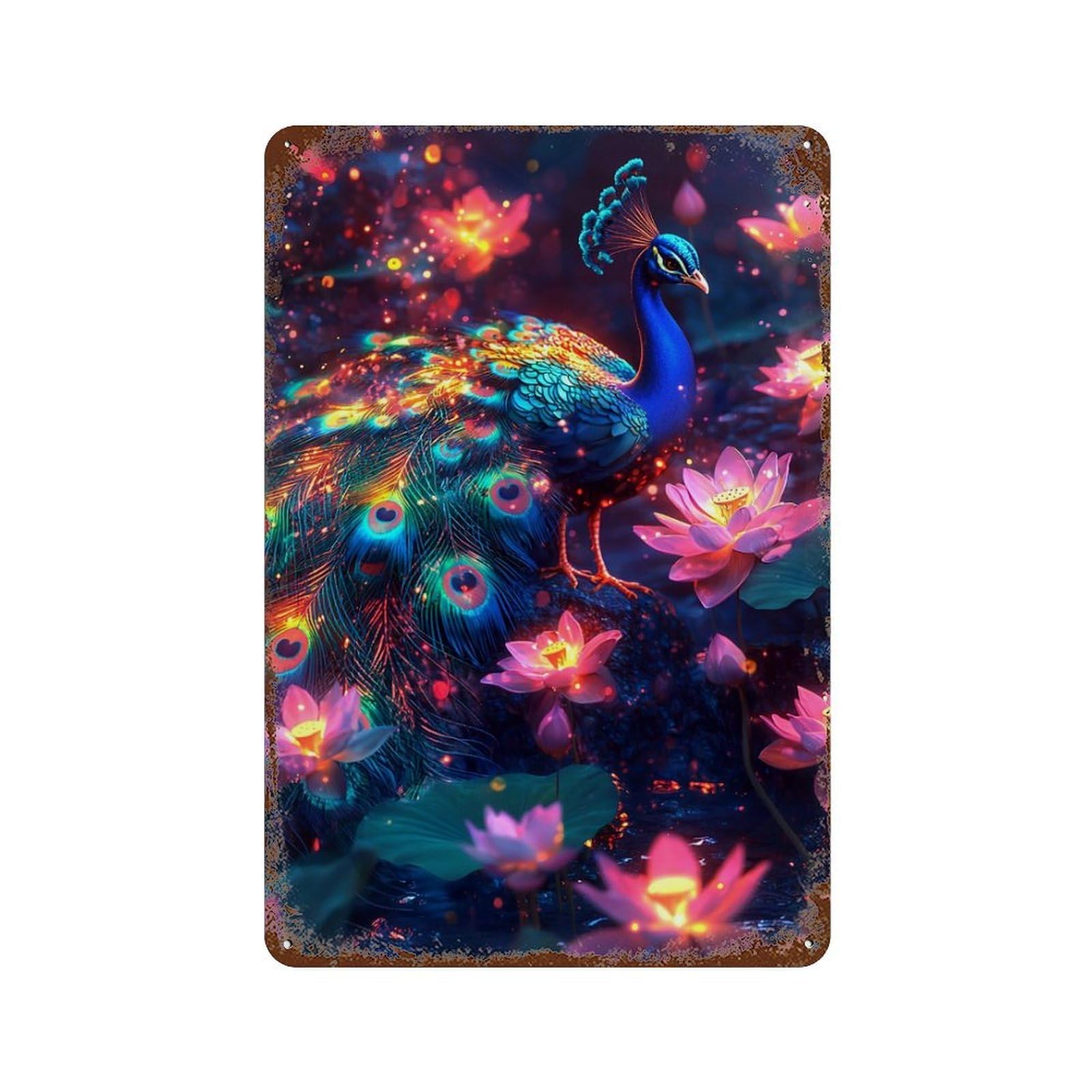 Enchanted Peacock with Lotus Flowers Retro Metal Sign 11.8"x7.9", Shabby Chic Decor for Bistro, Counter And Cafe Decor