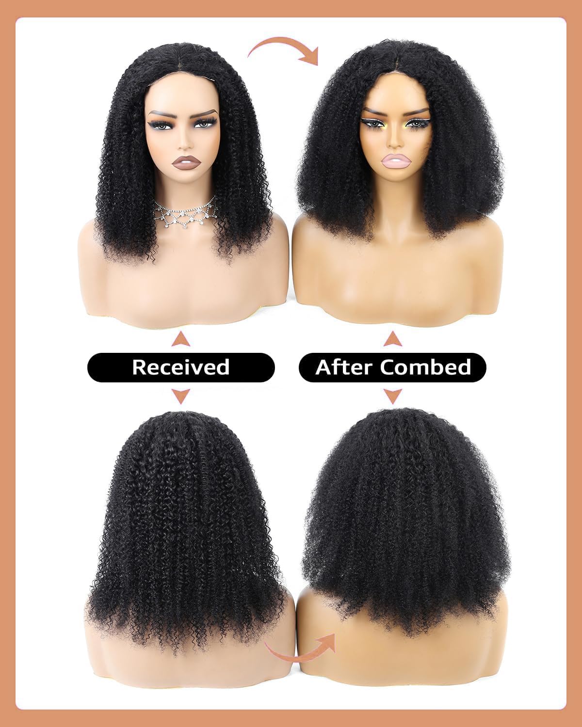 Glueless Wig Human Hair, Perücke Echthaar Damen 4x4 Lace Front Wigs for Women, 200% Density, Afro Kinky Curly Wig Human Hair, No Glue, Pre Cut Lace Wear and Go Real Hair Wig Schwarz 16 Inch