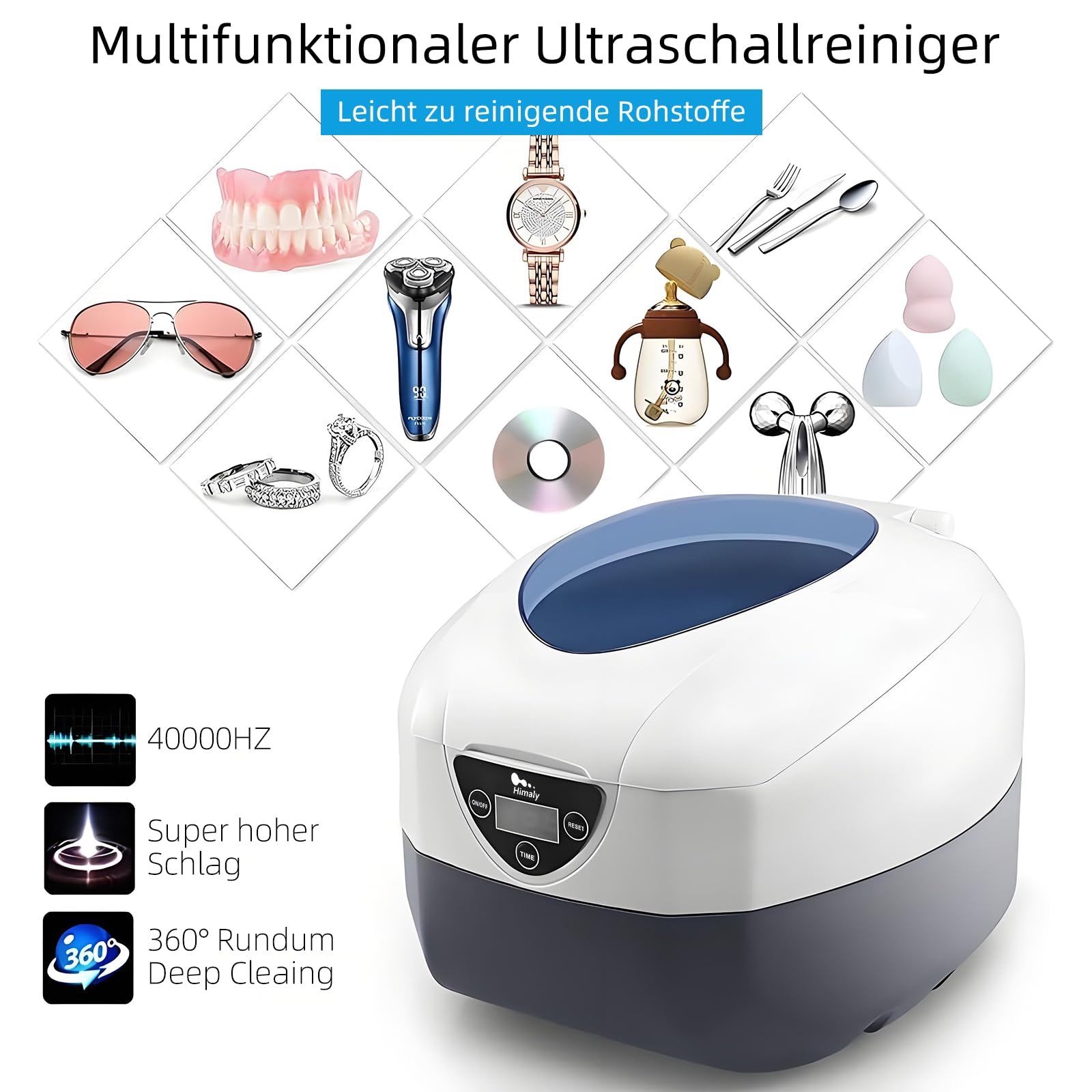 himaly Pulitore ad Ultrasuoni, 750ML Lavatrice ad Ultrasuoni Professionale per Gioielli，Pulizia di Occhiali, Gioielli, Orologi, Anelli, Collane ECC