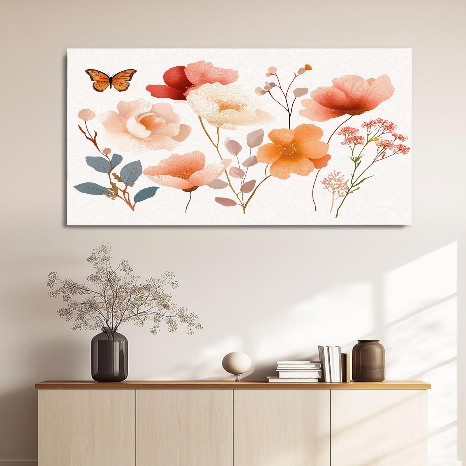 Obrazy na płótnie, akwarela, 120 x 60 cm, dziecięce obrazy ścienne, druk artystyczny, białe kwiaty, liść, motyl, panoramiczna dekoracja ścienna do salonu, sypialni