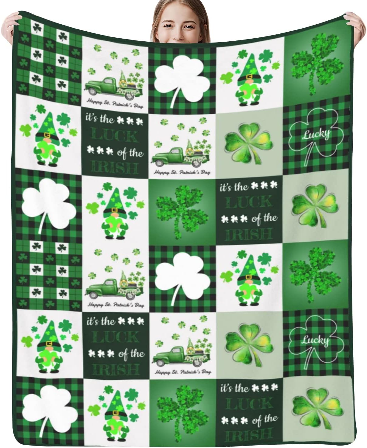St. Patrick's Day Throw Blanket Lucky Clover Shamrock Gnome Truck Green Buffalo Check Plaid Throw Blankets Lightweight Cozy Flannel Blanket for Bedroom Living Rooms Couch Sofa Home Decor 60x80 Inch