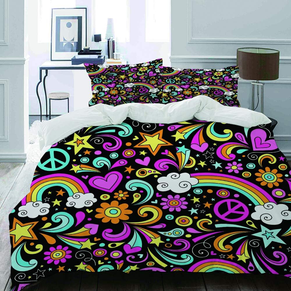 MIGAGA bedding - Duvet Cover Set, Heart Rainbows Psychedelic Groovy Peace Doodle Design Star Teen Love Tween Cute,Microfibre Duvet Cover Set135 x 200cmwith 2 Pillowcase 50 X 75cm