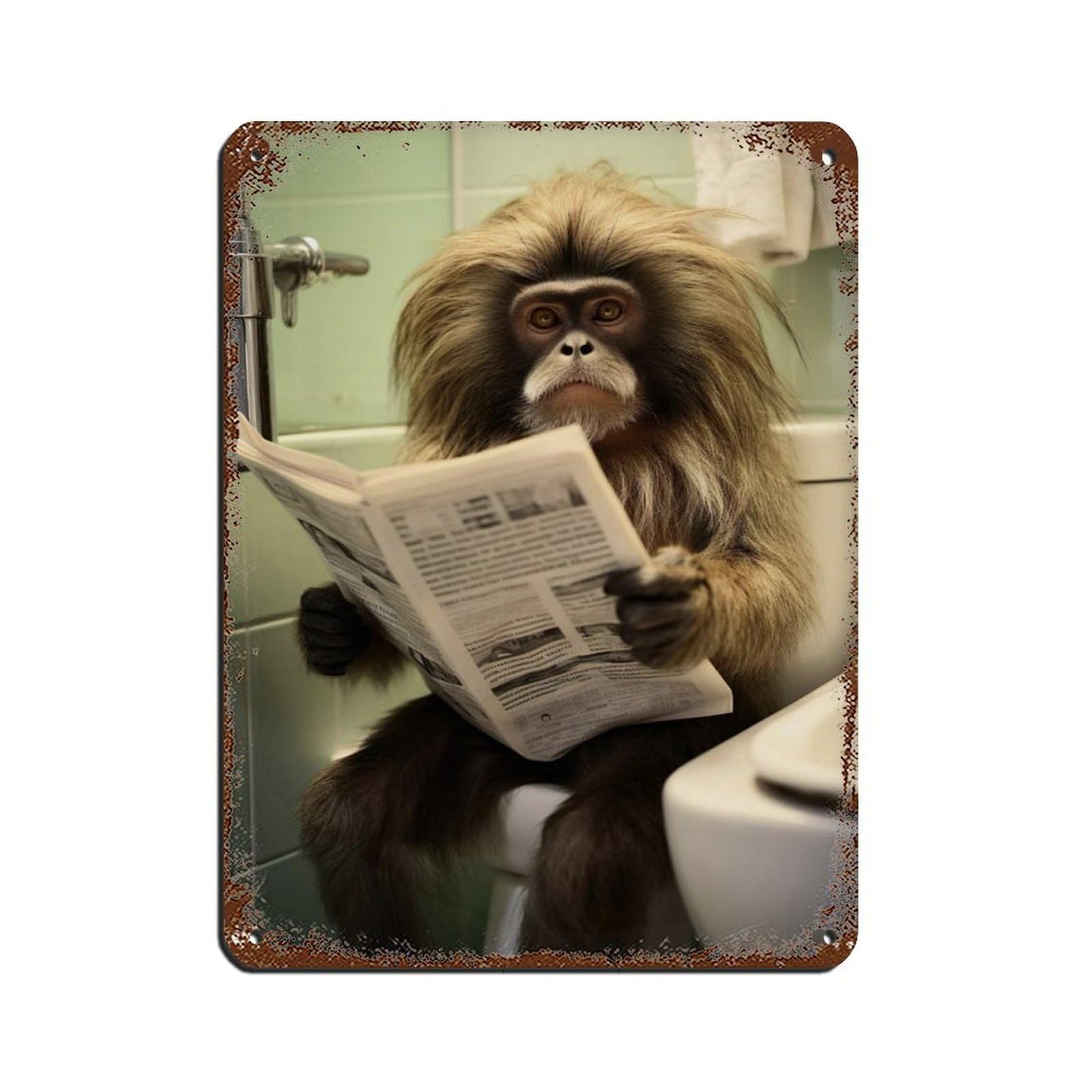 Tamarin Monkey Sitting on The Toilet Reading A Newspaper (9) Tin Sign Vintage Metal Pub Club Cafe Bar Home Wall Art Decoration Poster Retro 12x16inch(30x40cm)