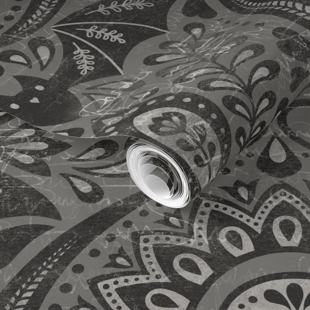 Spoonflower Removable Wallpaper 3ft x 2ft - Black Dark Gothic Skulls Damask Halloween Spooky Custom Pre-Pasted Wallpaper