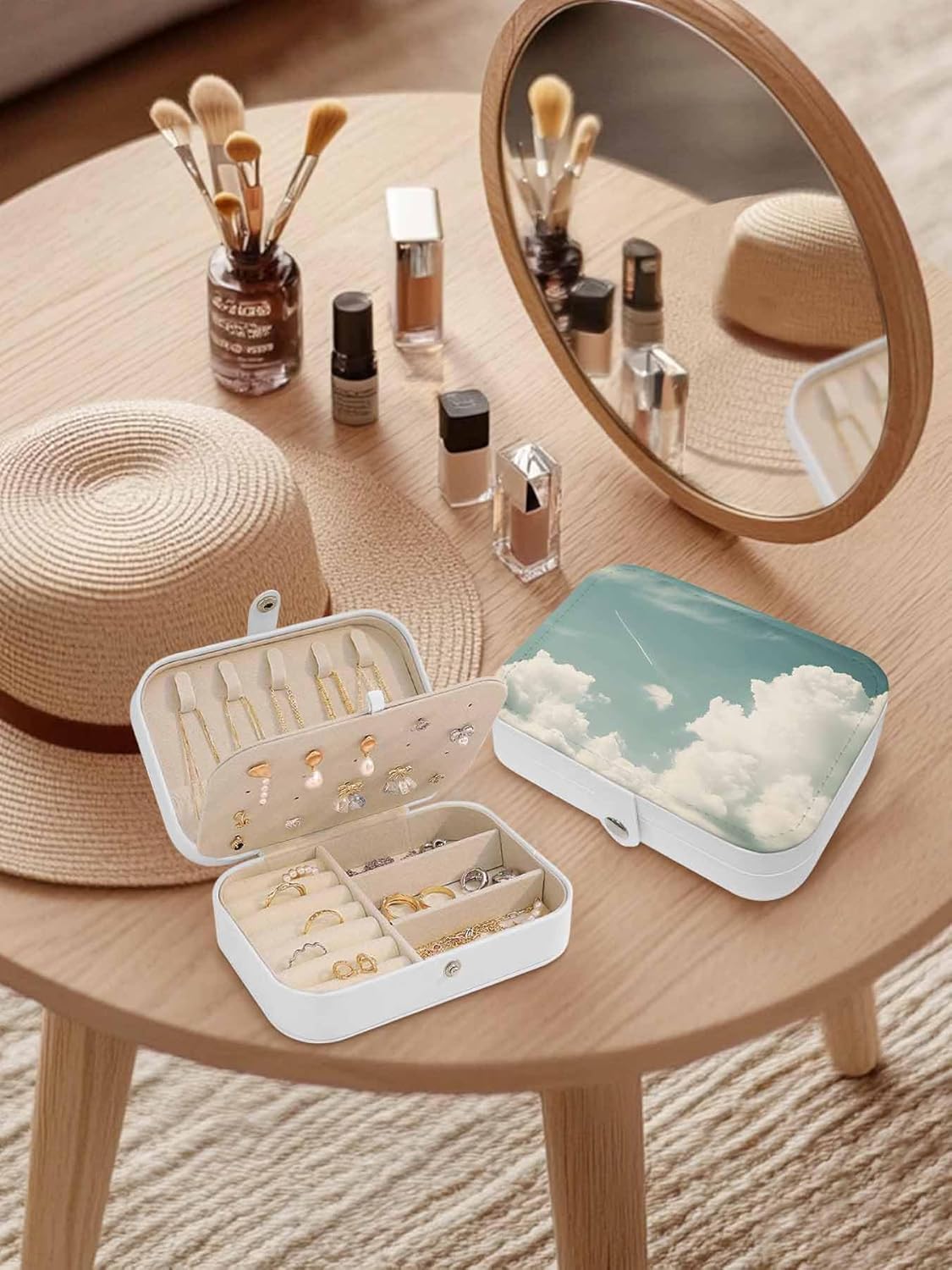 Blue Grey Cloudy Sky Jewelry Organizer and Storage Box, Portable Travel Jewelry Box for Women, PU Leather Large 6.3x4.3x2 Inches, Rustic Clouds Scenery Earring Necklace Storage Case