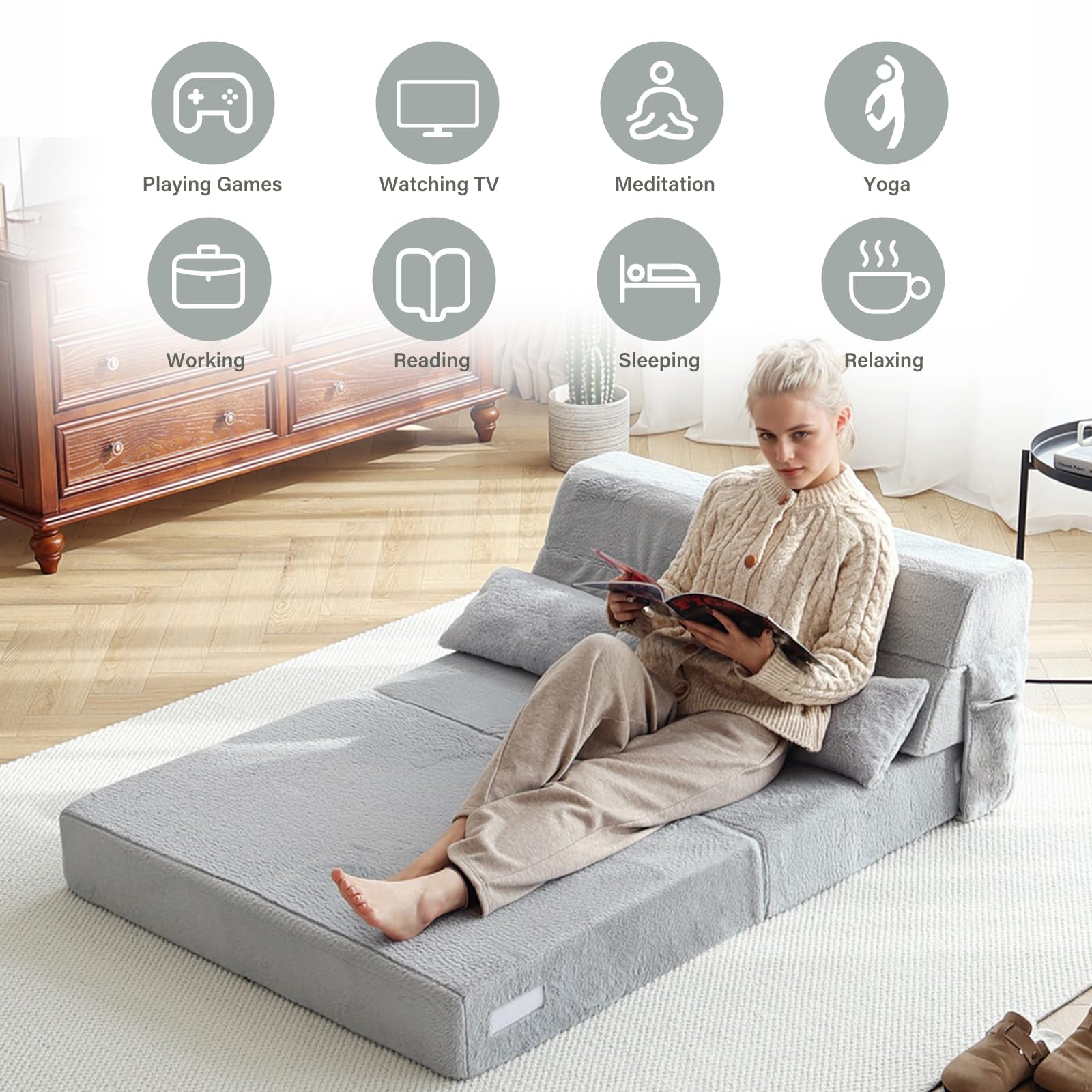 Sofá cama plegable con almohada, colchón de tamaño individual y tela de felpa con bolsa de almacenamiento portátil, tumbona de suelo, cama para sala de estar, habitación de invitados, 4