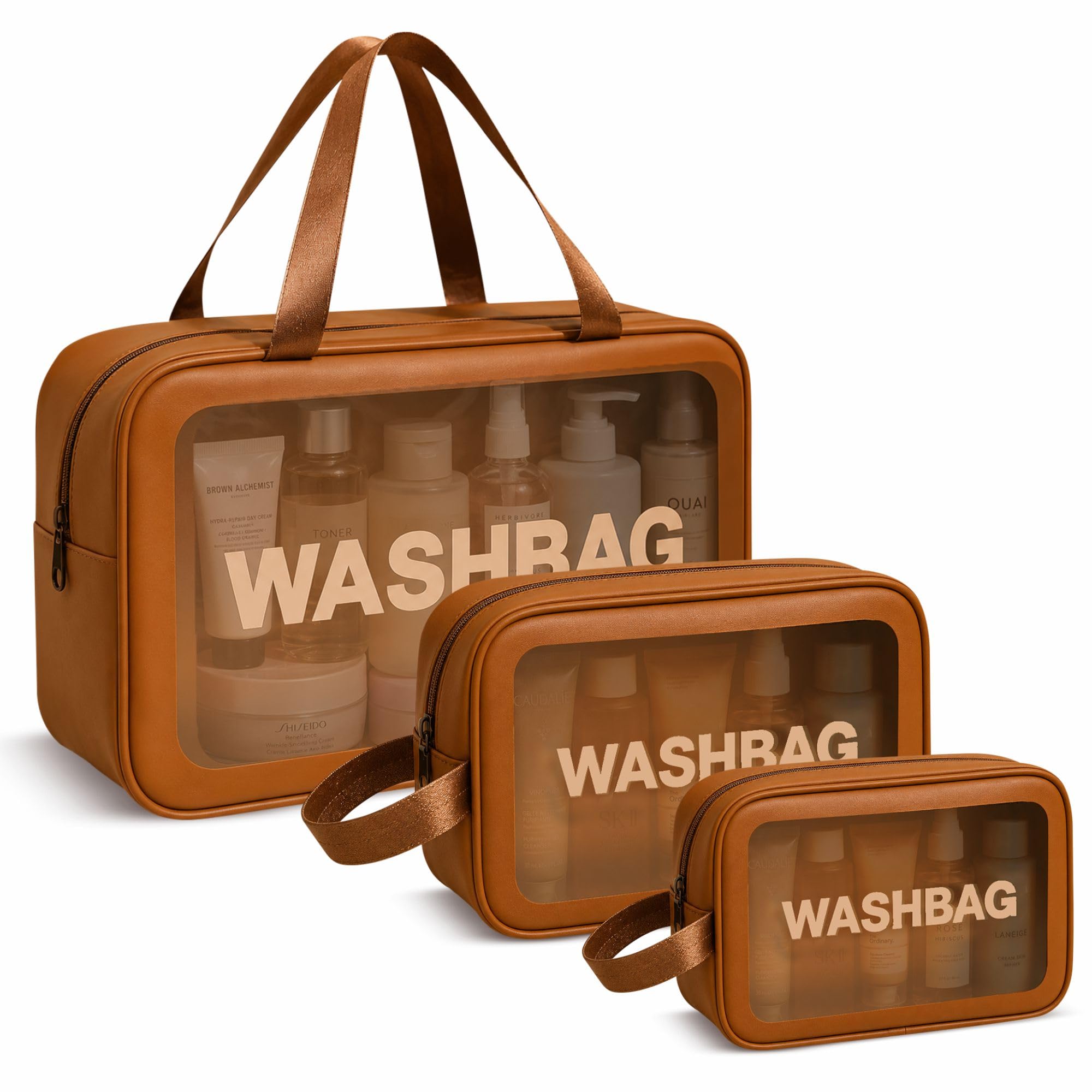 FLYNGO Clear Makeup Pouch Set, Cosmetic Organizer Bag for Women and Girls Travel Waterproof Toiletry Storage Kit (Set of 3 Tan Brown)-image-15