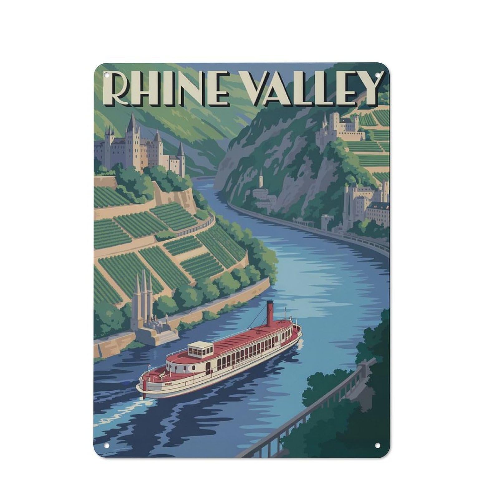 Junmoney Style-18 Rhine Valley Vintage Travel Tin Wall Sign 40X30cm, Loft Style Industrial Wall Decor For Loft, Studio, Office Or Creative Room