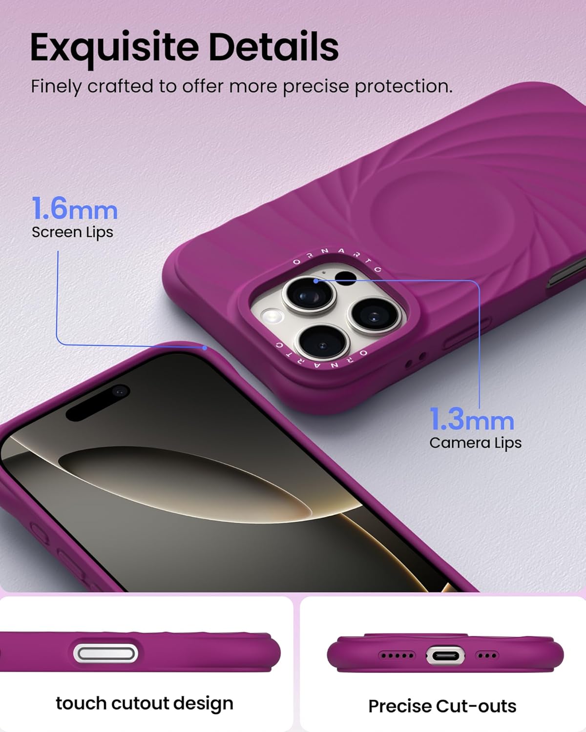 ORNARTO Vortuxe for iPhone 16 Pro Max Case 6.9" | 2X MIL-STD Drop Protection | Compatible with MagSafe | Sleek Aesthetic Liquid Silicone Phone Cover - Fuchsia