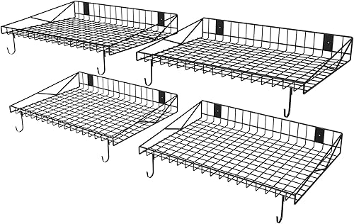Paquete de 4 estantes de pared de garaje, estantes flotantes resistentes con 8 ganchos, cargas de 180 libras, estantes de pared negros de malla para
