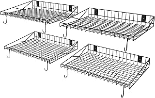 4 Pack Garage Wall Shelf, Garage Wall Mounted Shelving, Heavy Duty Floating Shelves With 8 Hooks, Loads 180 LBS Black Wall Shelves Mesh Storage Rack for Office, Basement, Wall Cab…