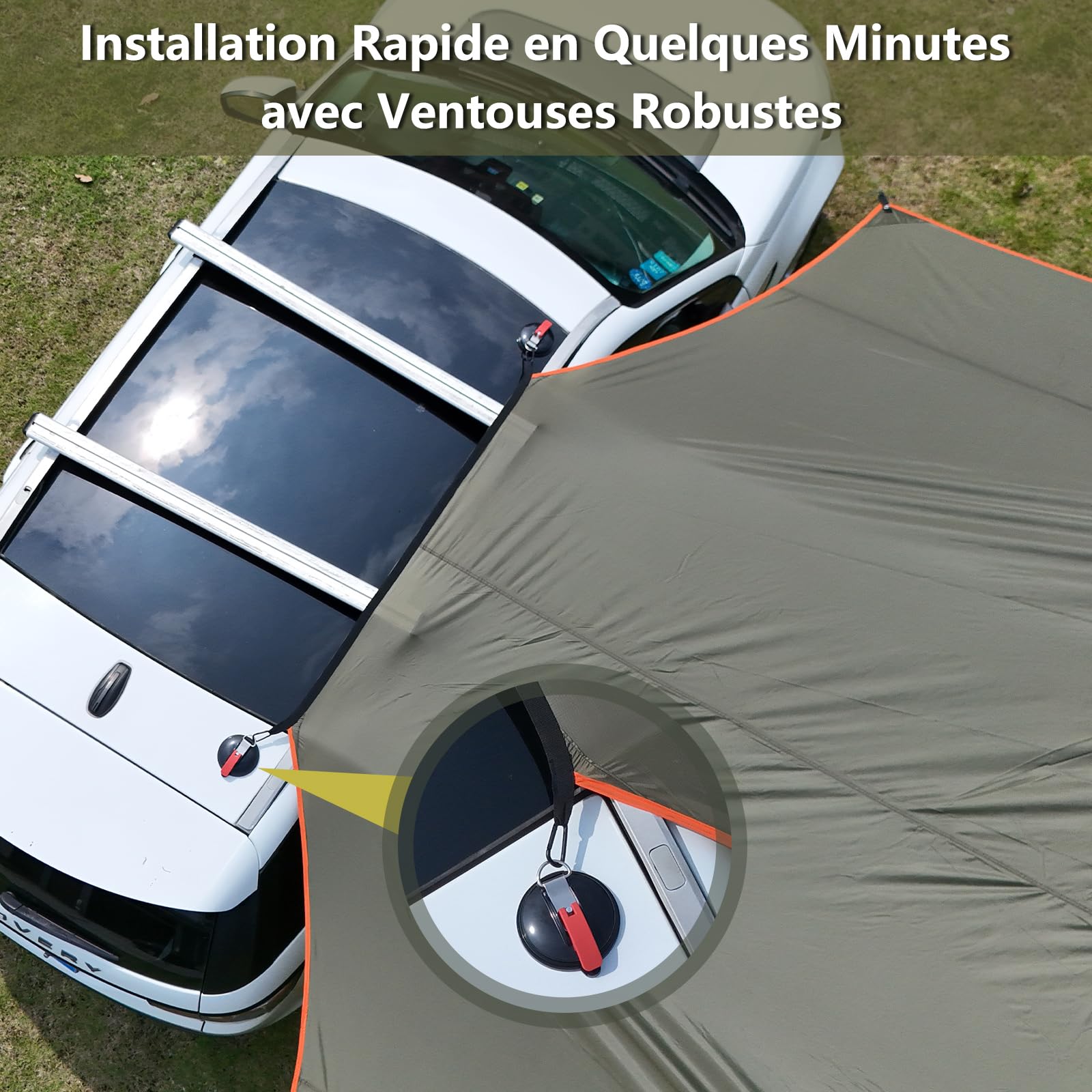 GEERTOP 3,5 x 5,8 m Store Auto Voile d'Ombre, Etanche 3000 mm Grand Auvent Latéral Auto avec 2 Bâtons, Toit Anti-Solaire Hydrofuge pour Camping Auto, caravanes, Camping Car, Auvent Fourgon