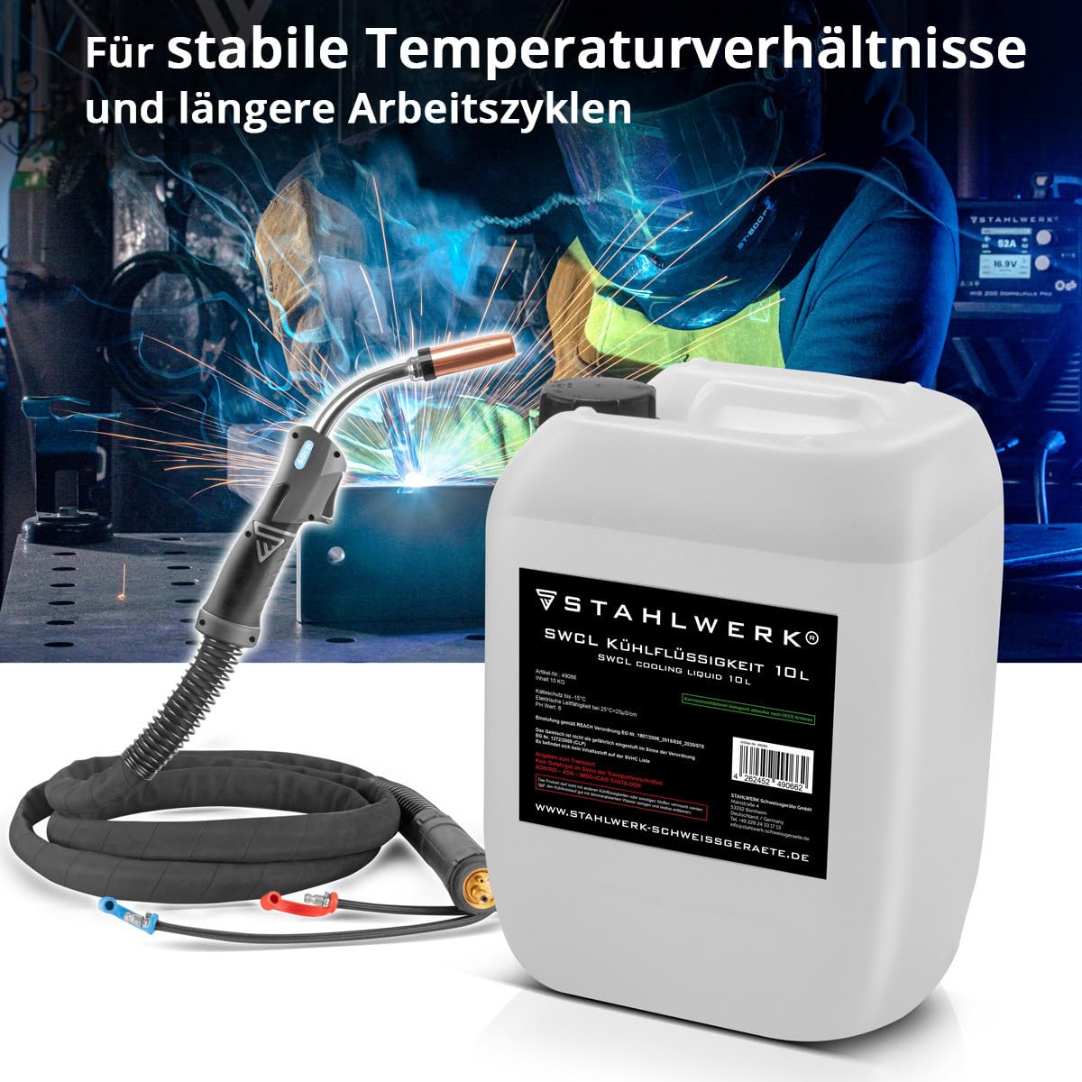 STAHLWERK SWCL Kühlflüssigkeit 10 l Kanister, Kühlmittel 25 µS/cm bis -15°C | Kühlwasser für Wasserkühler und wassergekühlte Schlauchpakete von Schweißgeräten und Plasmaschneidern zur Wasserkühlung