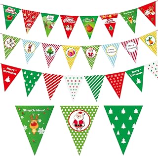 3Pcs Christmas Banner Flags Hanging Triangle Flag Christmas Wall Decorations Paper Banner wth String for Fireplace/Wall/Window Party Decorations Banners