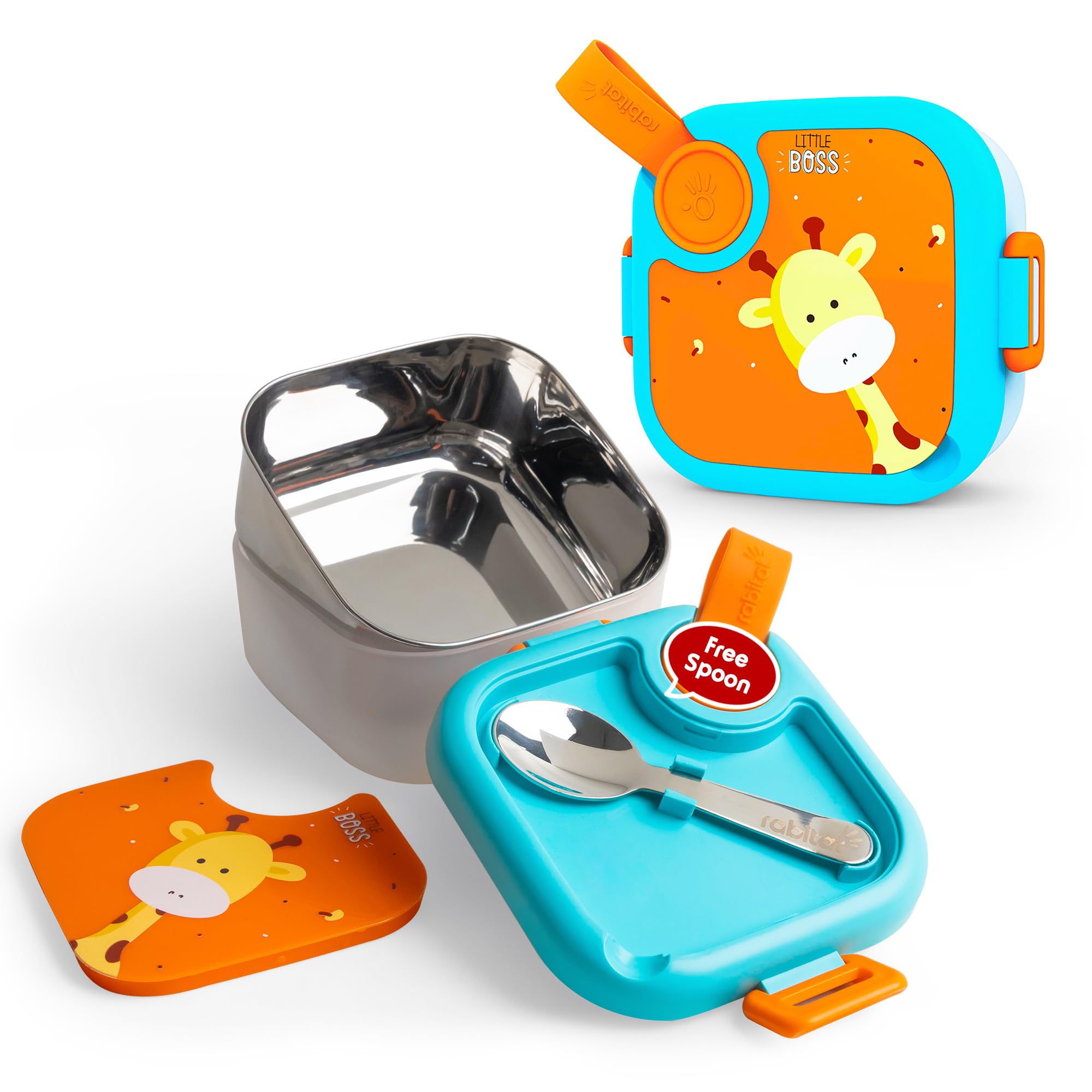 rabitat Stainless Steel Lunch Box with Spoon - 2 Years Brand Warranty | Tiffin Box for Kids | Steel Lunch Box for School Girls and Boys | LUNCHMATE Mini Little Boss 500 ml