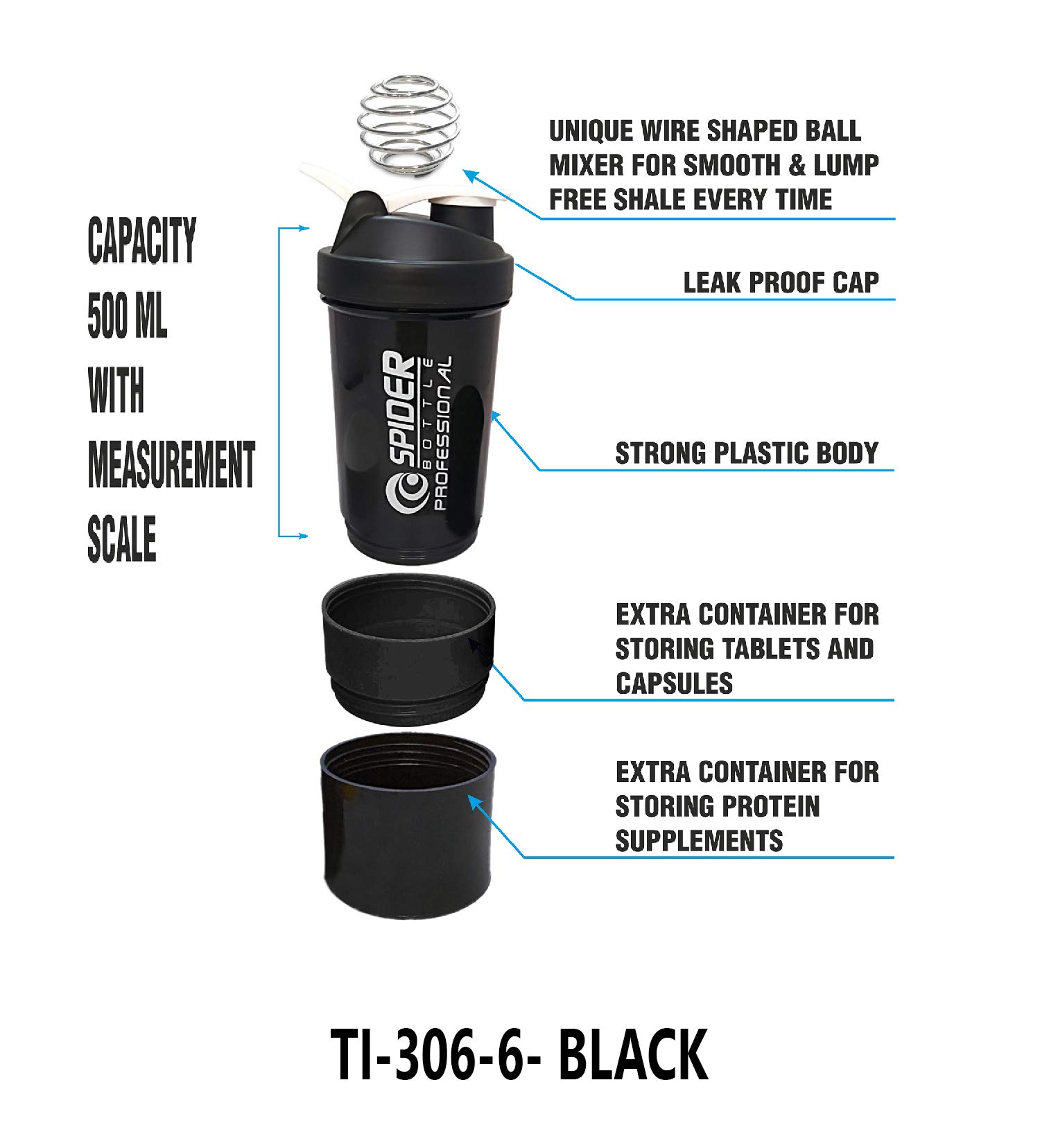 TRUE INDIAN Shaker and sipper Plastic Sport Shaker and Sipper Bottle Combo, 500ml, Set of 2, Black 2