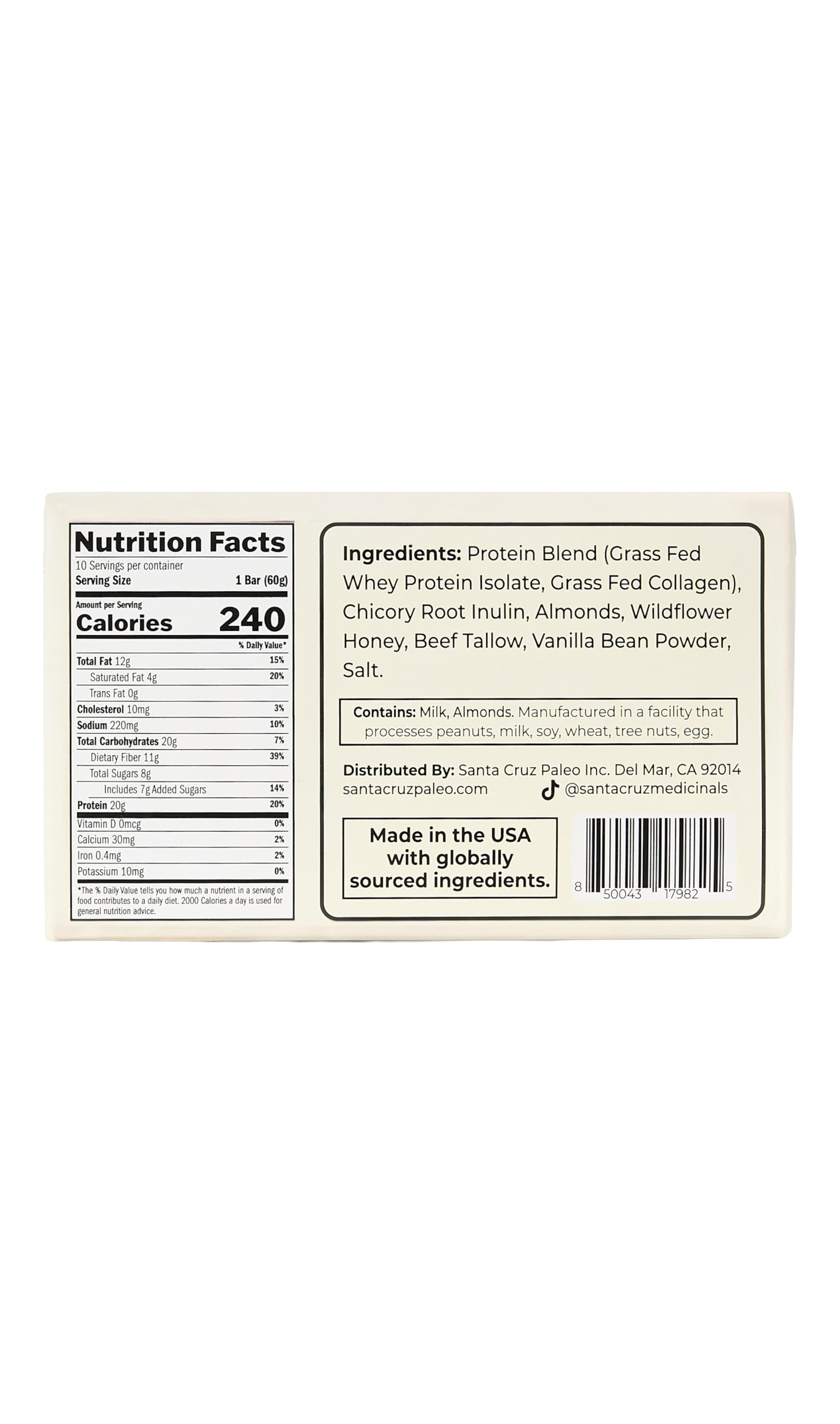 Santa Cruz Paleo Protein Bar – 20g Grass-Fed Whey & Collagen Protein – Wildflower Honey Sweetened, No Seed Oils, High Protein Snack Bar (Vanilla Flavor, Pack of 10) — view 2