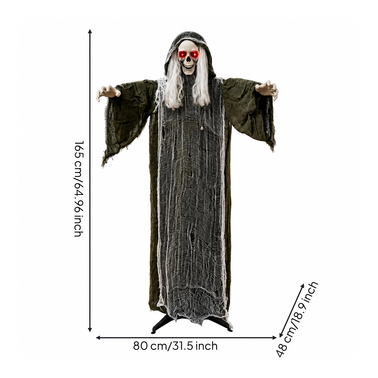 Gralara Scheletro di Halloween 165 Cm Autoportante Decorazione Scheletro con Veste Verde Acustico Ornamento Spettrale per Ingressi