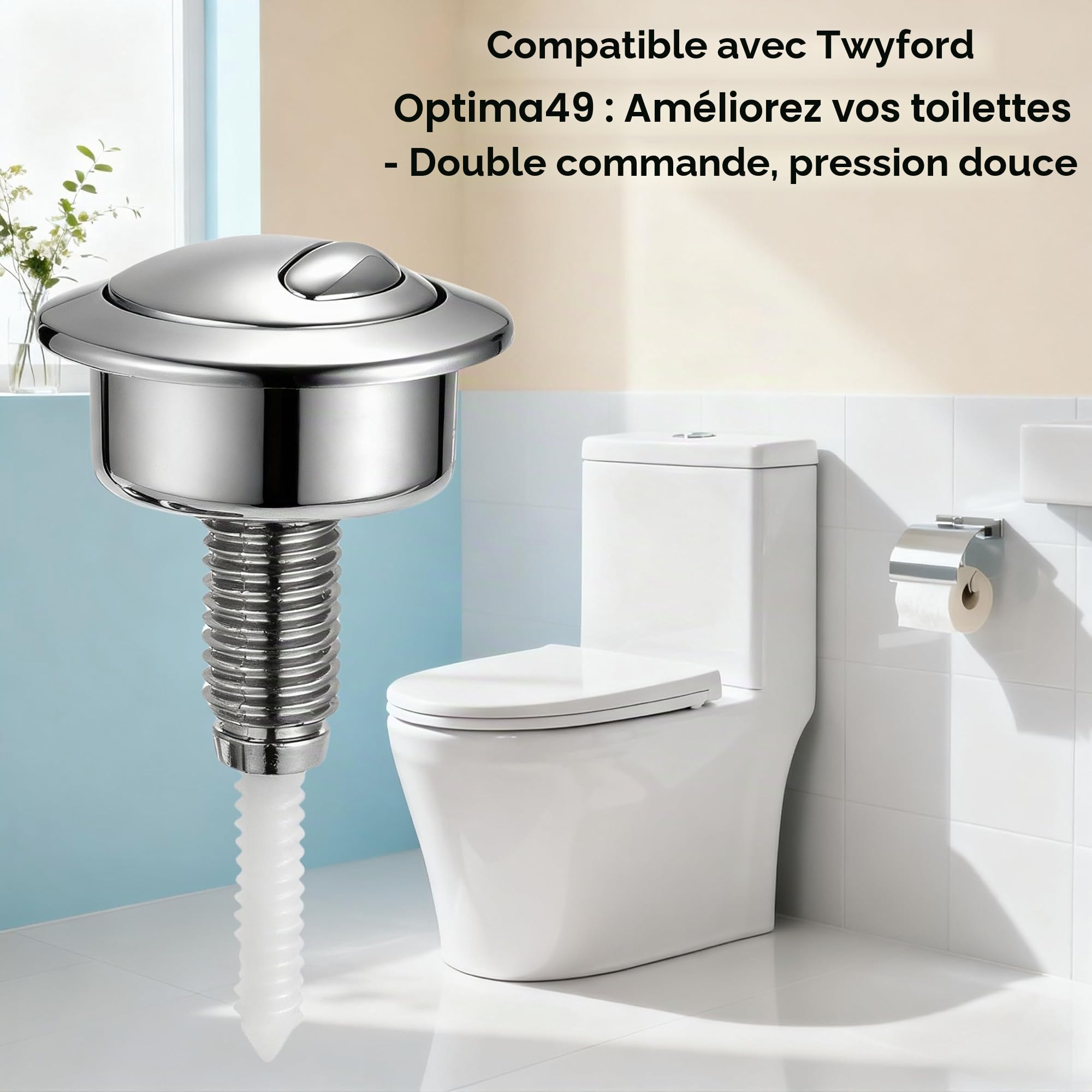 Bouton de chasse d'eau de rechange CF1003CP pour réservoir Twyford Optima49 – Mécanisme de chasse d'eau double débit avec bouton poussoir de chasse d'eau, tête ronde argentée