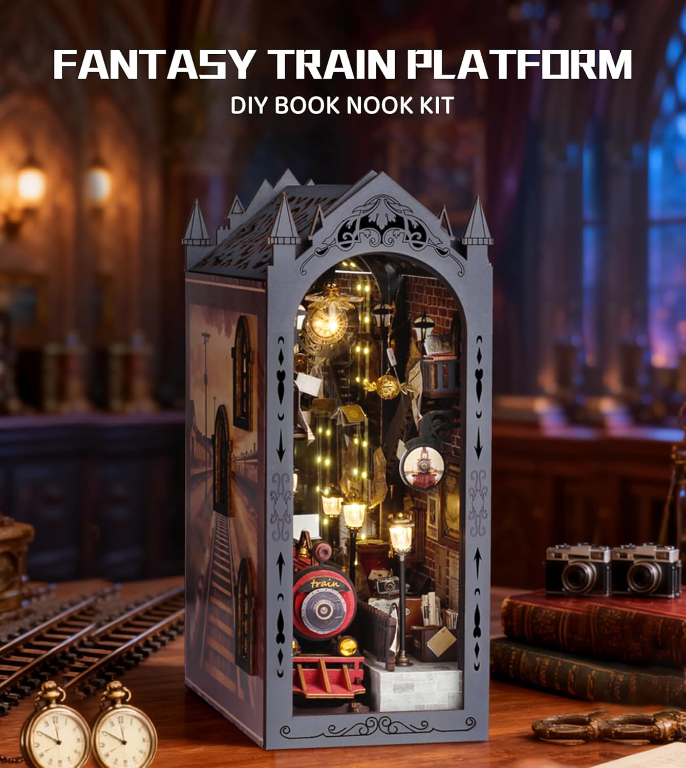 DIY Book Nook Kit,DIY Dollhouse Booknook Bookshelf Insert (Fantasy Train Platform)