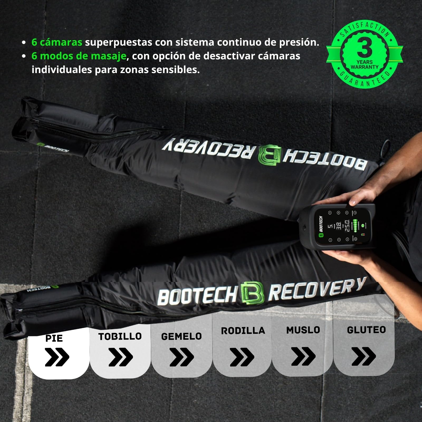 BOOTECH Pantalon de Presoterapia para Casa, Recargable Masajeador de Piernas Cansados con 6 Camaras, Mejora la Circulación, Recuperación Muscular Drenaje Linfático Celulits