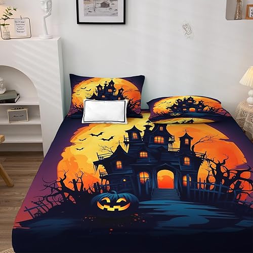 Miniatura 9 de Juego de sábanas de murciélago tamaño California King, sábanas de Halloween, sábanas y fundas de almohada estampadas de 4 piezas, sábana bajera