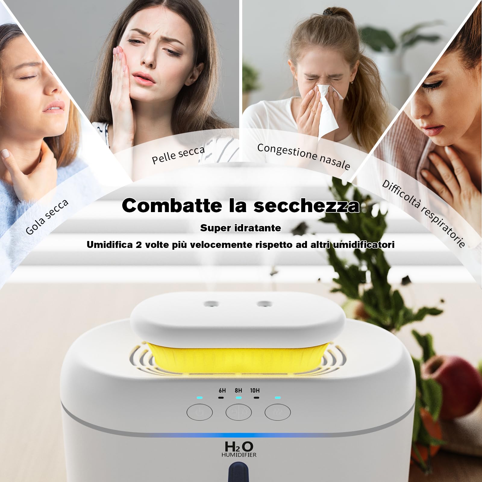 Umidificatore Ambiente Bambini, 2L Umidificatore Camera da Letto, 20 dB Silenziosi Umidificatore per Camerette, Piante e Uffici, con Timer di Spegnimento Automatico e Funzione Luce Notturna (Bianco)