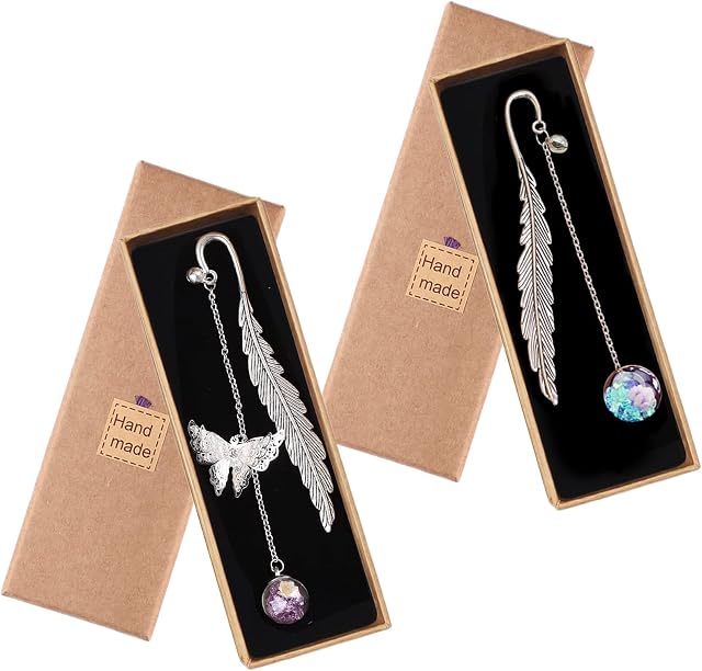 2 Pcs Metal Feather Bookmarks, VEGCOO Creative Vintage Bookmark with 3D Butterfly and Dry Flower Pendant, Classical Handmade Bookmarks for Women Men Boys Girls Students Readers (Purple + Blue)