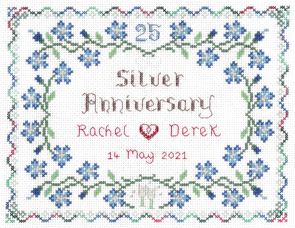 Lifetime Samplers & Decorative Textiles Silver Wedding Anniversary Sampler for 25 Years of Marriage - Complete Cross Stitch kit on 14 aida with Clear Colour Chart