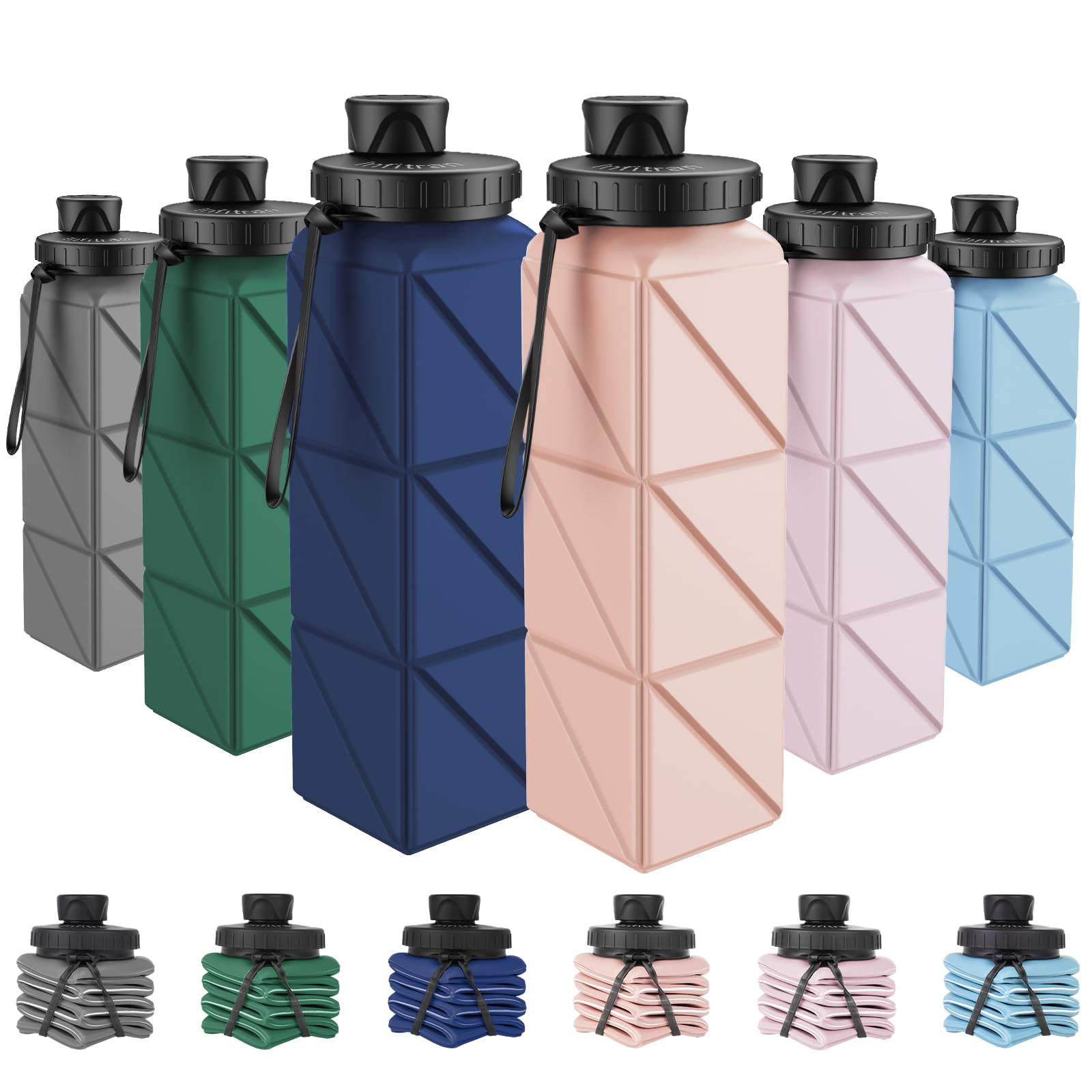 Collapsible Water Bottles, 6 Pack BPA-Free Leak-Proof Silicone Foldable Water Bottle Cup, Durable Lightweight Bottle for Gym Travel Camping Hiking Running Sport