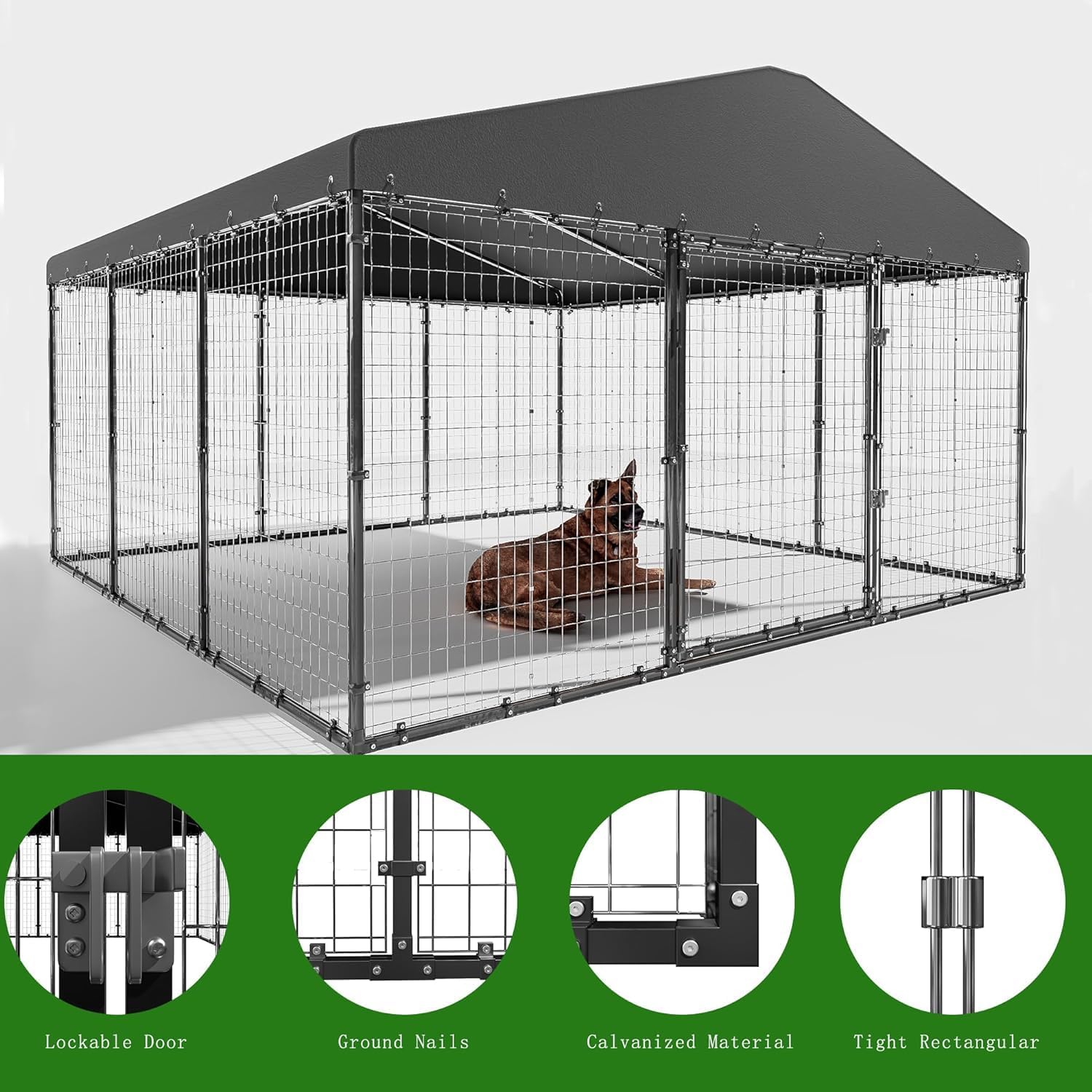 Large Outdoor Dog Kennel,W 118" x D 118" x H 70" Heavy Duty Dog Cage with Roof,Dog Playpen Galvanized Steel Dog Fence with Double Safety Locks,UV & Water Resistant Proof Cover