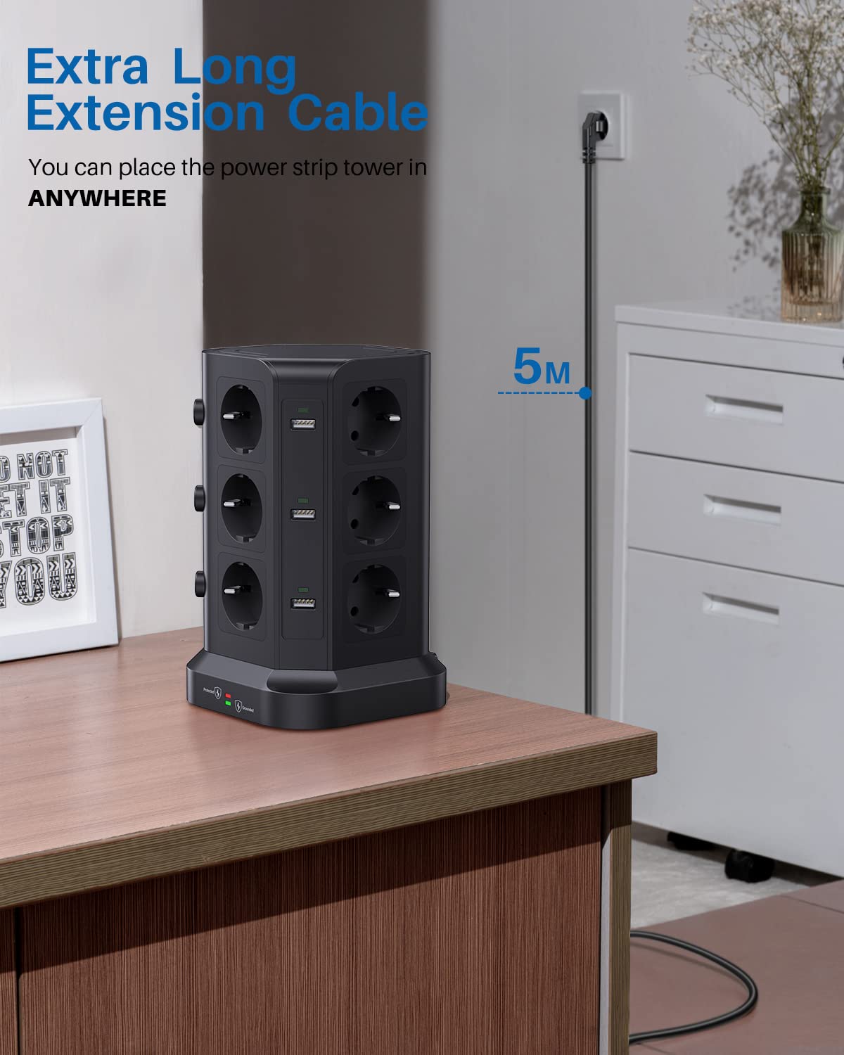 KOOSLA Multipresa 12 Prese 6 USB, 5M, Nero | 12 Prese, 6 USB-A, 3 Interruttori, Protezione Sovratensione, 5M Cavo, Casa, Ufficio