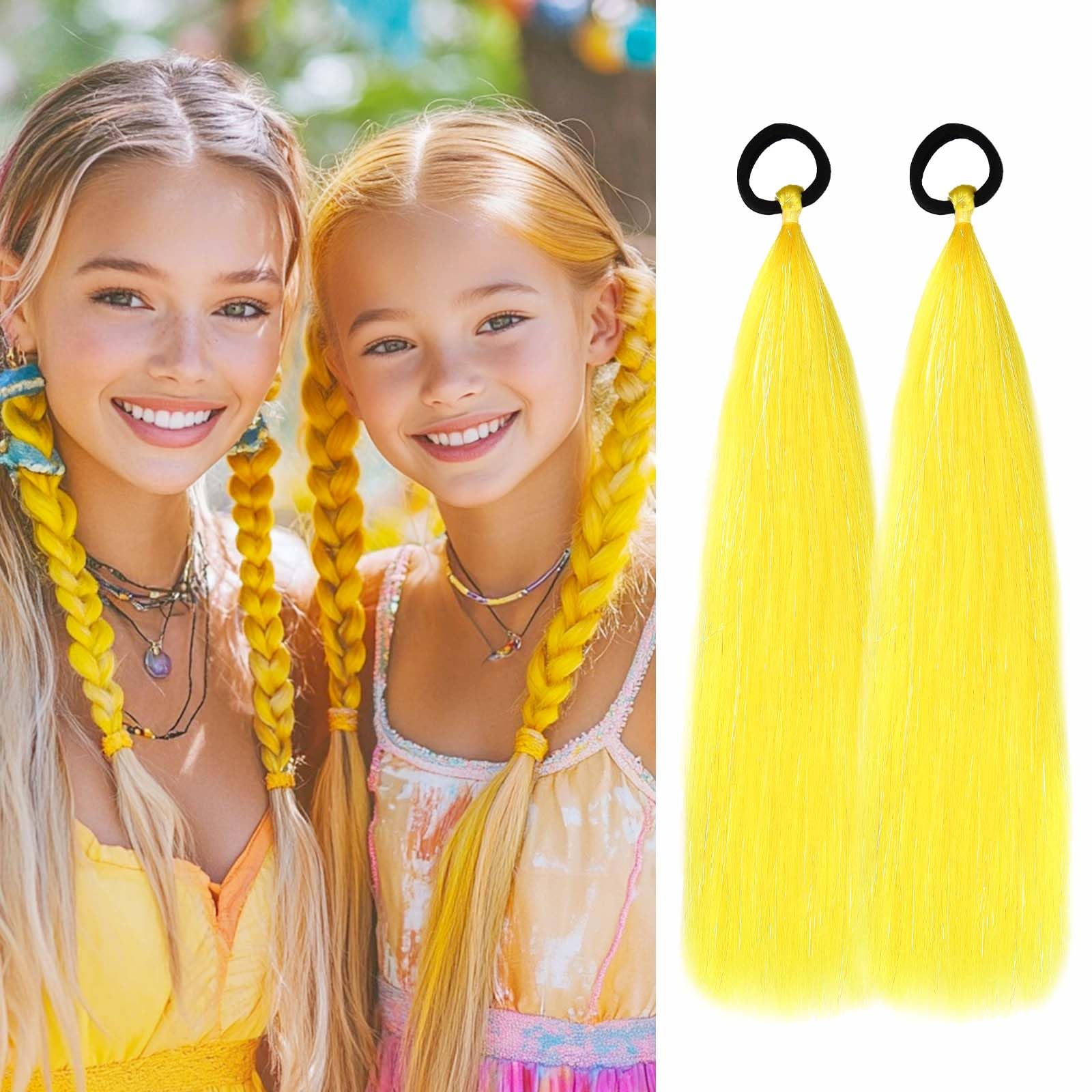 Rainbow Ponytail Extensions with Hair Tie 2 Packs 40g/Pack Coloured Hair Extensions for Braiding 18 inch Colorful Ombre Mermaid Pony Tail Synthetic Hair Extensions for Girl Women SSYellow