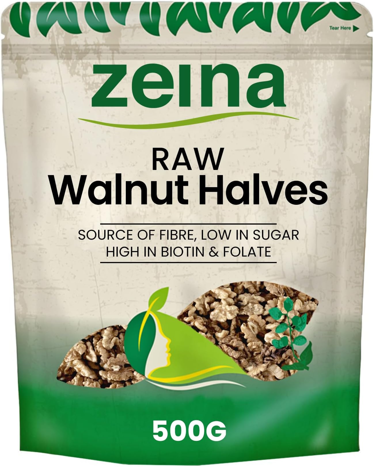 Zeina Raw Walnut Halves (500g) - Naturally Gluten Free Vegan Approved Low Sugar Walnut Halves, Premium Healthy Nut Snacks, Used in Home Baking, Cooking or Salad Toppings