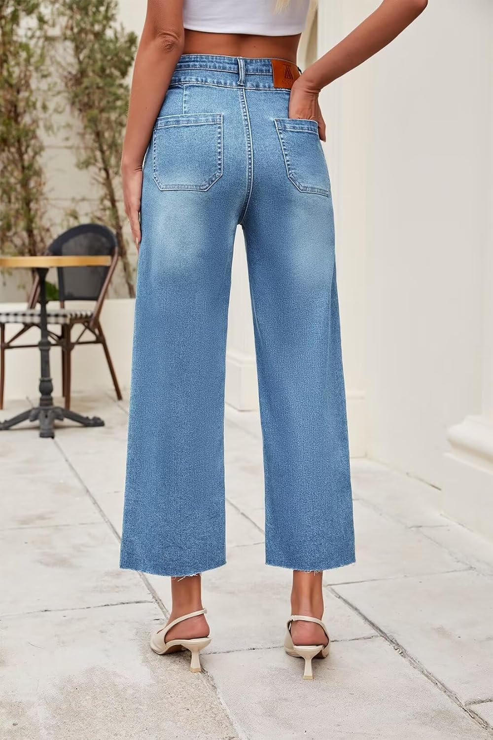 Allimy Womens High Rise Two Button Closure Cropped Jeans Wide Leg Front Slip Pockets Frayed Hem Denim Pant - Image 2