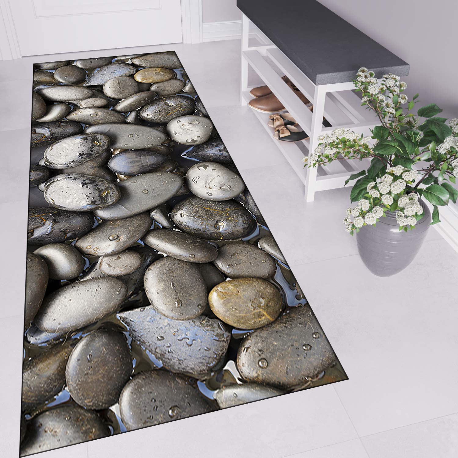 Läufer Teppich Flur rutschfest Waschbar Modern Teppich für Wohnzimmer Küche 120x100cm, 3D Stein Bach Design