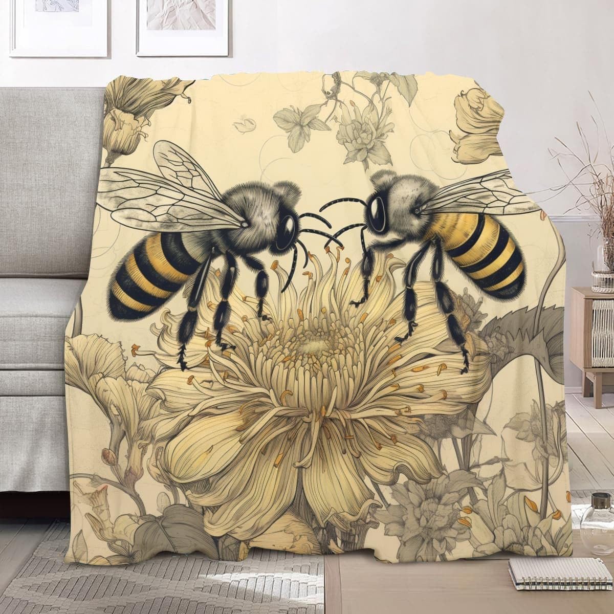 Generico Antystatyczny lekki wełniany koc XXL 180 x 220 cm Vintage kwiaty pszczół super miękki koc flanelowy jasnożółty na łóżko sofa biuro ochraniacz na kolana łóżko samochód kemping plaża