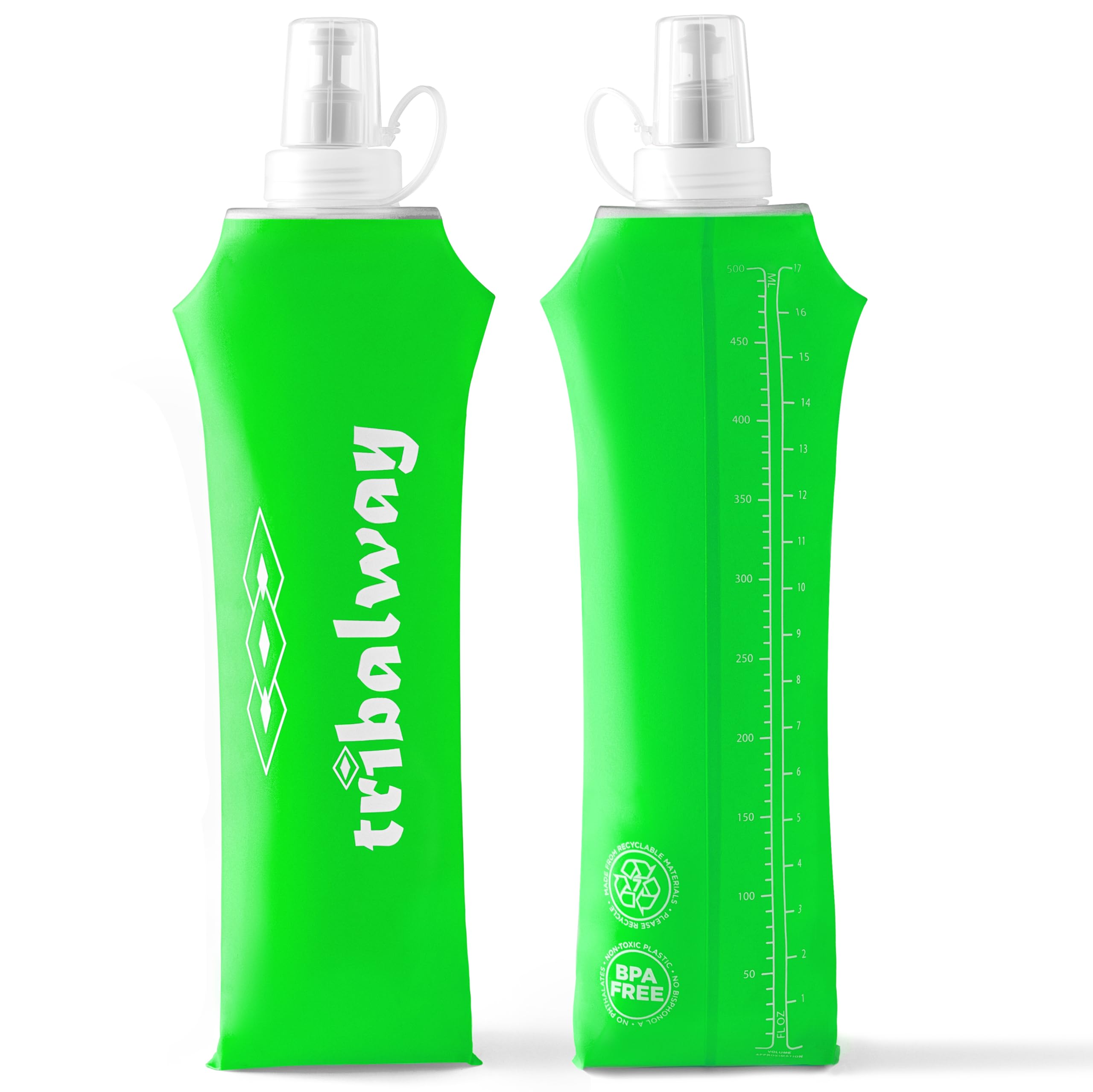 Tribalway Green 2 X Soft Flask 500Ml – Running Water Bottles | Collapsible Soft Flask For Hydration Vest | Bpa-Free Water Bottle For Running, Hiking, Cycling | Leakproof & Lightweight (Green)