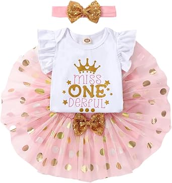 Baby Girls 1st First Birthday Outfits Romper TuTu Skirt Set with Sequins Bowknot Headband 3Pcs