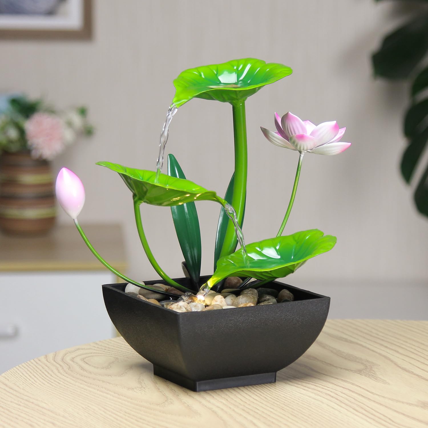 YOQUATE Water Fountain Indoor Waterfall Fountain 3-Tier Tabletop Fountain Lotus Desk Relaxation Home Decor Including Lots of Rocks and Soothing Sound Machine (Green 1)