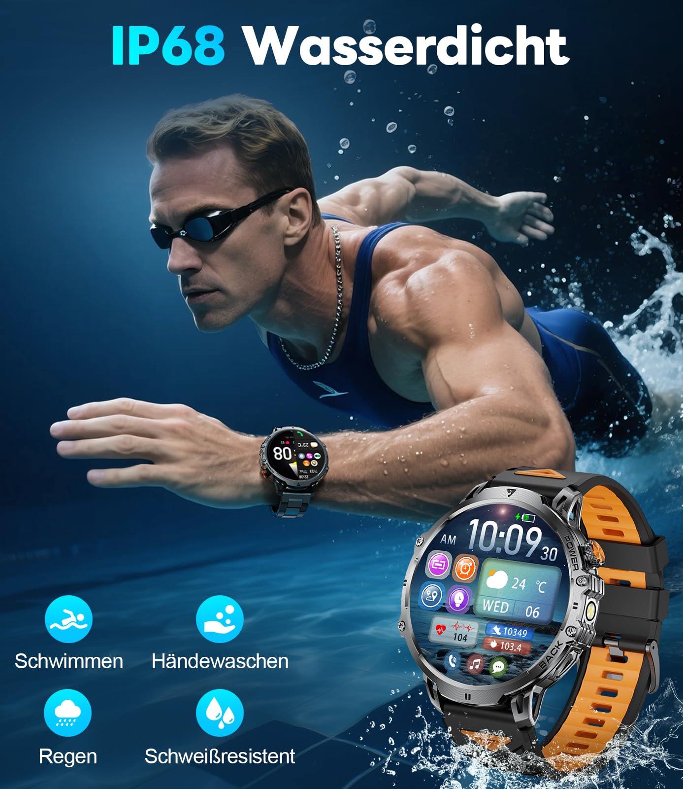 LIGE Męski smartwatch 1000 mAh bateria / duży ekran HD 1,85'' / lampa LED, 100 trybów sportowych, wodoodporny zegarek fitness IP68 z częstotliwością tętna, monitor snu dla systemu Android iOS, metal