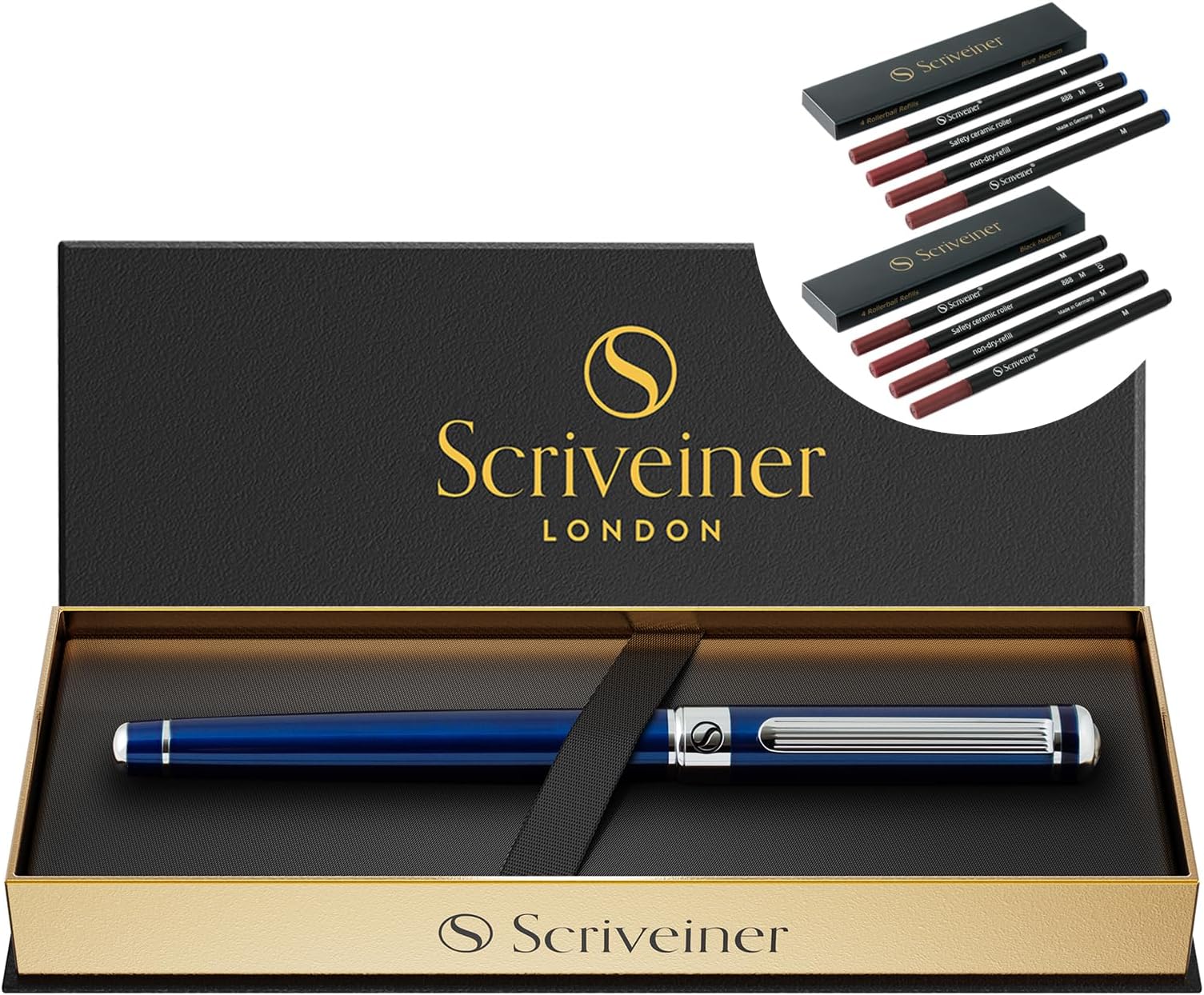 Midnight Blue Rollerball Pen - Stunning Blue Lacquer Luxury Pen, Chrome Finish bundle with Rollerball Refill Black and Blue Medium - 8 Rollerball Refills in two box