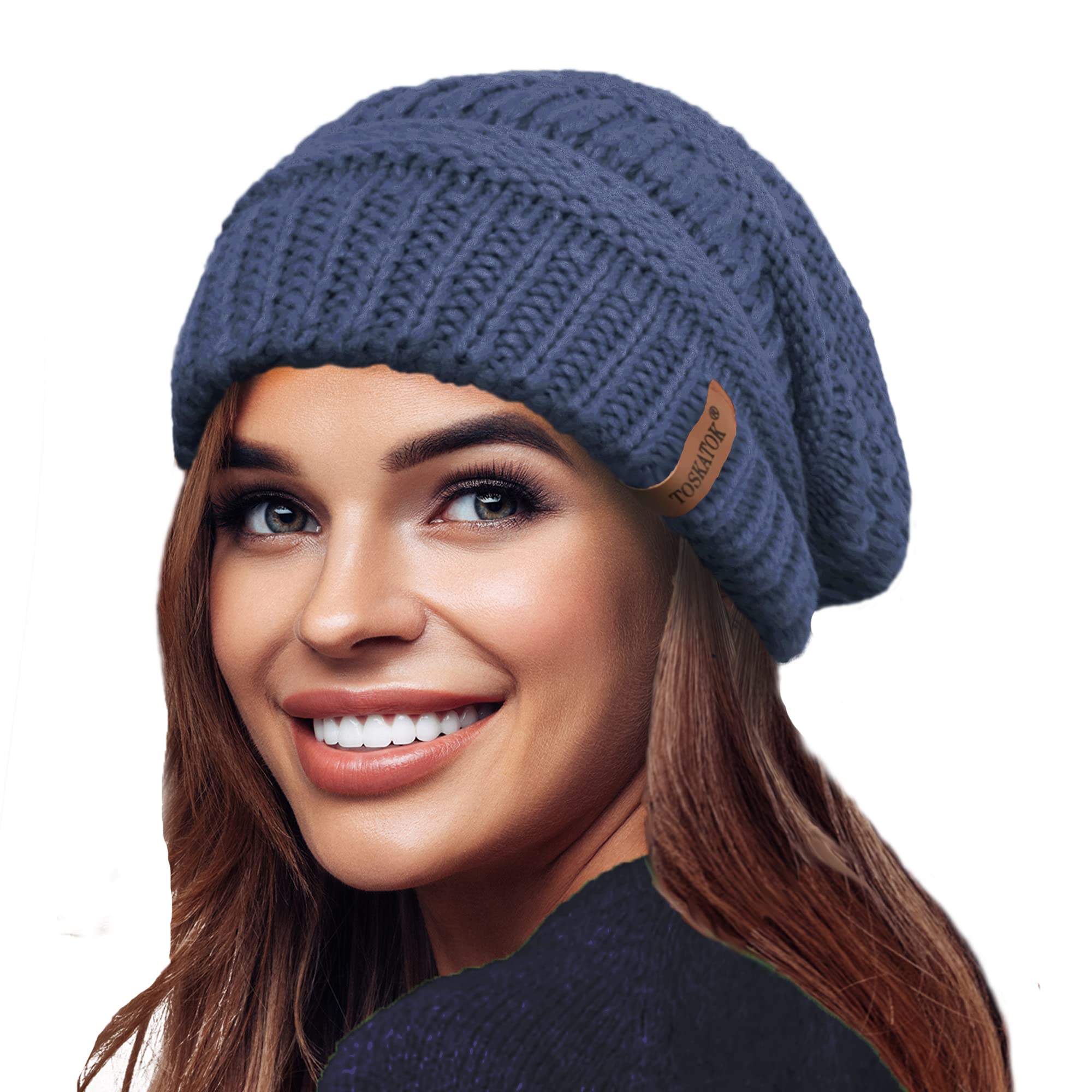 TOSKATOK Ladies Warm Slouch Knit Winter Beanie Hat with Supersoft Velour Thermal Lining ski Cap-Denim